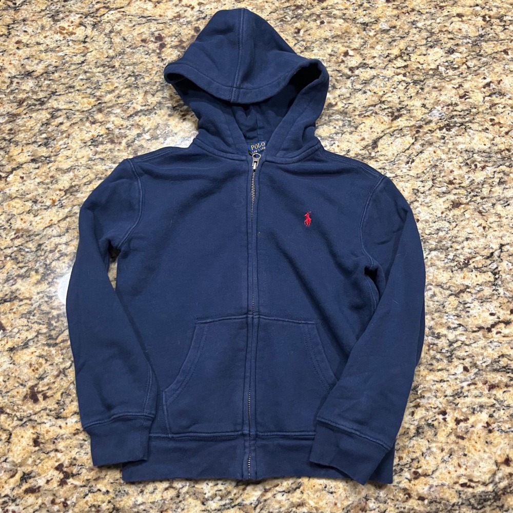 Polo Ralph Lauren Boys Navy Blue Full Zip Fleece Hoodie Red Pony Size 7